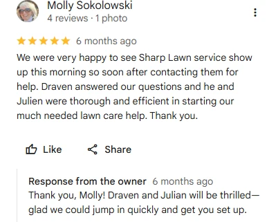 Molly Sokolowski, five-star Google review of Sharp Lawn Care