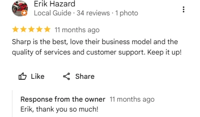 Erik Hazard, five-star Google review of Sharp Lawn Care