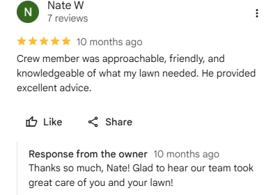 Nate W, five-star Google review of Sharp Lawn Care