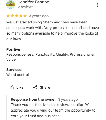 Jennifer Fannon, five-star Google review of Sharp Lawn Care
