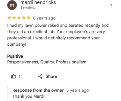 Mardi Hendricks, five-star Google review of Sharp Lawn Care