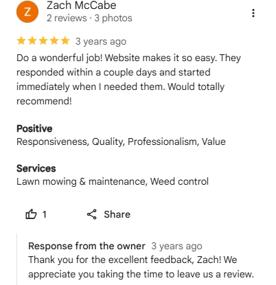 Zach Mccabe, five-star Google review of Sharp Lawn Care