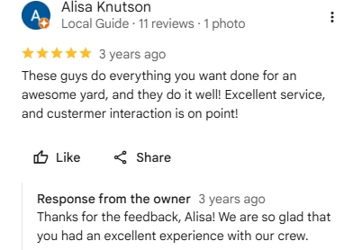 Alisa Knutson, five-star Google review of Sharp Lawn Care