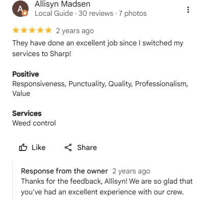 Allisyn Madsen, five-star Google review of Sharp Lawn Care