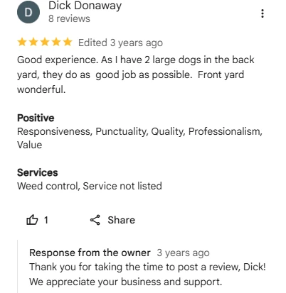 Dick Donaway, five-star Google review of Sharp Lawn Care