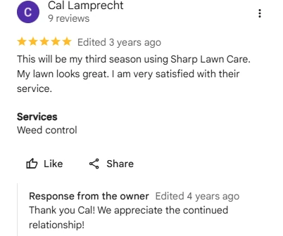 Cal Lamprecht, five-star Google review of Sharp Lawn Care