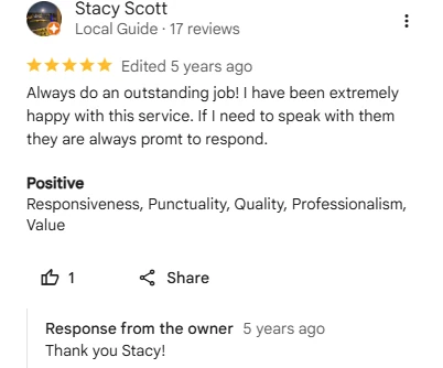 Stacy Scott, five-star Google review of Sharp Lawn Care