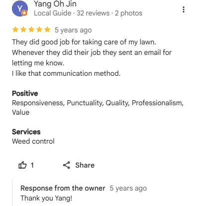 Yang Oh Jin, five-star Google review of Sharp Lawn Care