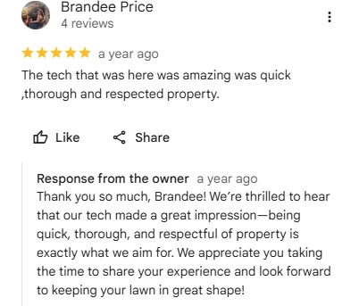 Brandee Price, five-star Google review of Sharp Lawn Care