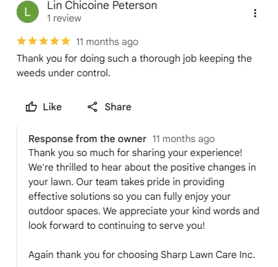 Lin Chicoine Peterson, five-star Google review of Sharp Lawn Care