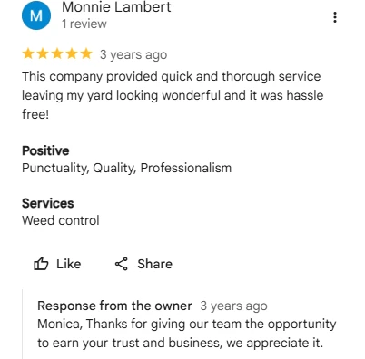 Monnie Lambert, five-star Google review of Sharp Lawn Care