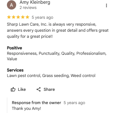 Amy Kleinberg, five-star Google review of Sharp Lawn Care