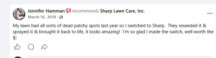 Jennifer Hamman Facebook recommendation describing how Sharp Lawn Care brought her dead patchy lawn back to life after she switched