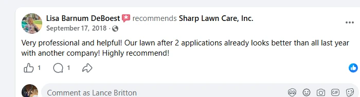 Lisa Barnum DeBoest Facebook recommendation saying Sharp’s lawn looks better after 2 applications than her previous lawn care company managed all year