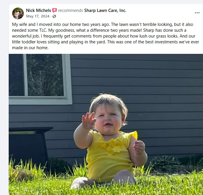 Nick Michels Facebook recommendation describing his two-year lawn transformation after Sharp Lawn Care, with his toddler playing in lush grass