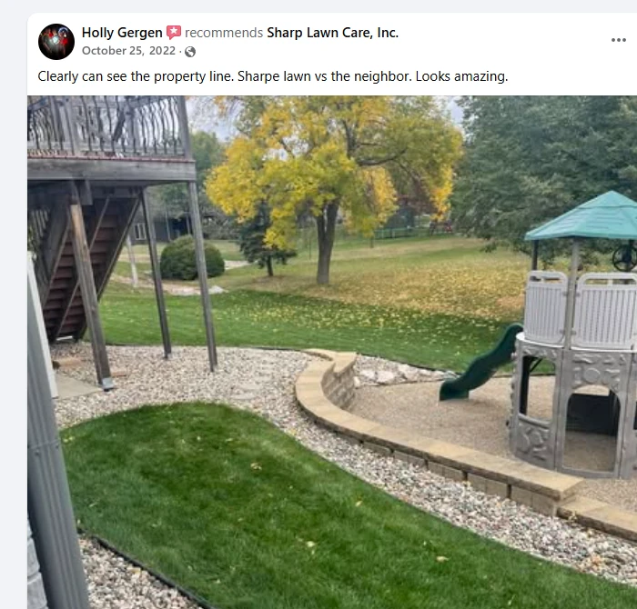 Holly Gergen Facebook recommendation showing the visible property line between her Sharp Lawn Care yard and her neighbor’s