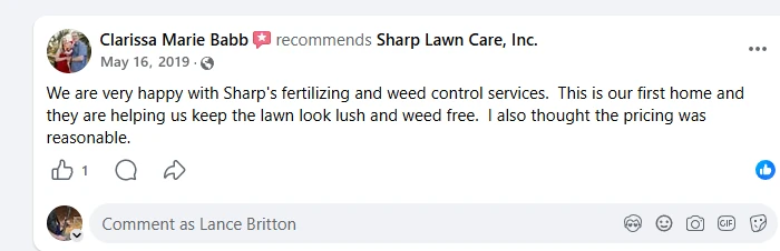 Clarissa Marie Babb Facebook recommendation praising Sharp Lawn Care’s fertilization and weed control services on her first home