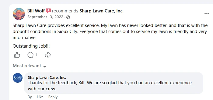 Bill Wolf, Facebook recommendation of Sharp Lawn Care
