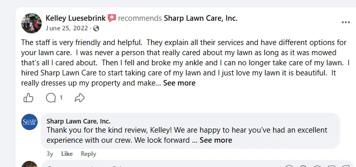 Kelley Luesebrink, Facebook recommendation of Sharp Lawn Care