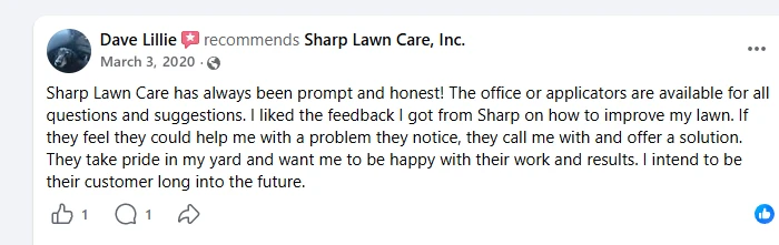 Dave Lillie, Facebook recommendation of Sharp Lawn Care