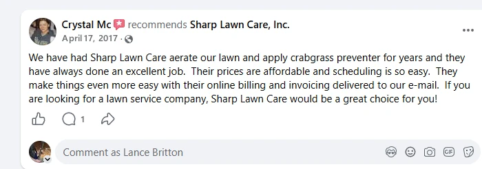 Crystal Mc, Facebook recommendation of Sharp Lawn Care