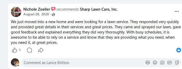 Nichole Zoeller, Facebook recommendation of Sharp Lawn Care