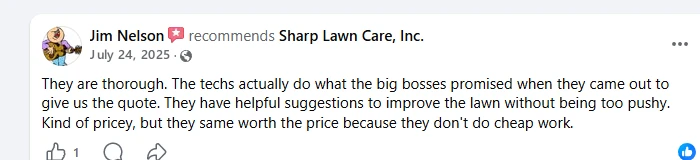 Jim Nelson, Facebook recommendation of Sharp Lawn Care