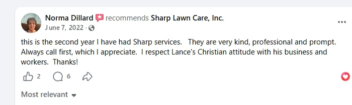Norma Dillard, Facebook recommendation of Sharp Lawn Care