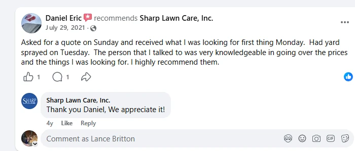 Daniel Eric, Facebook recommendation of Sharp Lawn Care