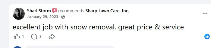 Shari Storm, Facebook recommendation of Sharp Lawn Care