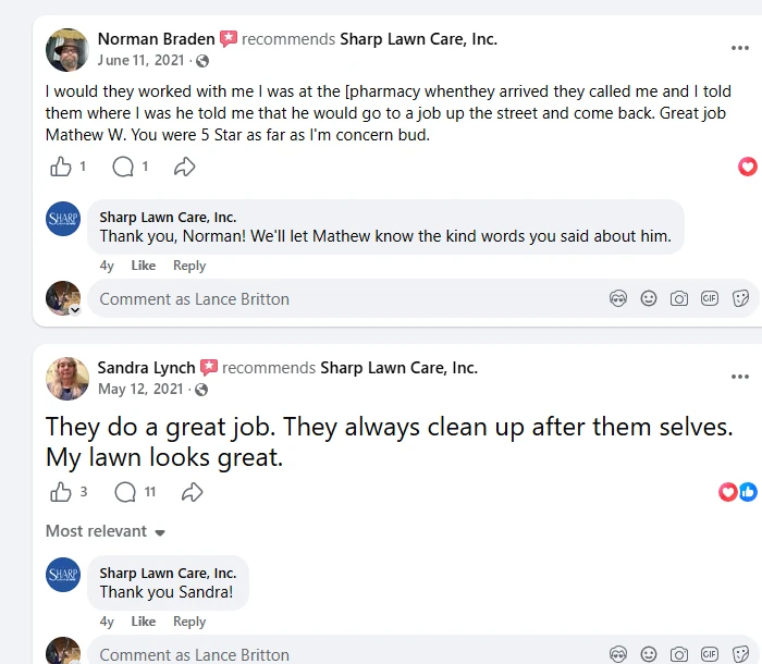 Norman Braden, Facebook recommendation of Sharp Lawn Care