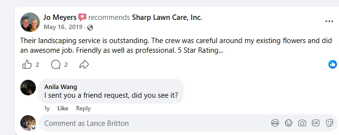 Jo Meyers, Facebook recommendation of Sharp Lawn Care