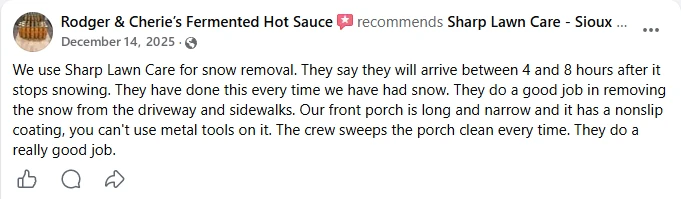 Rodger & Cherie’s Fermented Hot Sauce, Facebook recommendation of Sharp Lawn Care